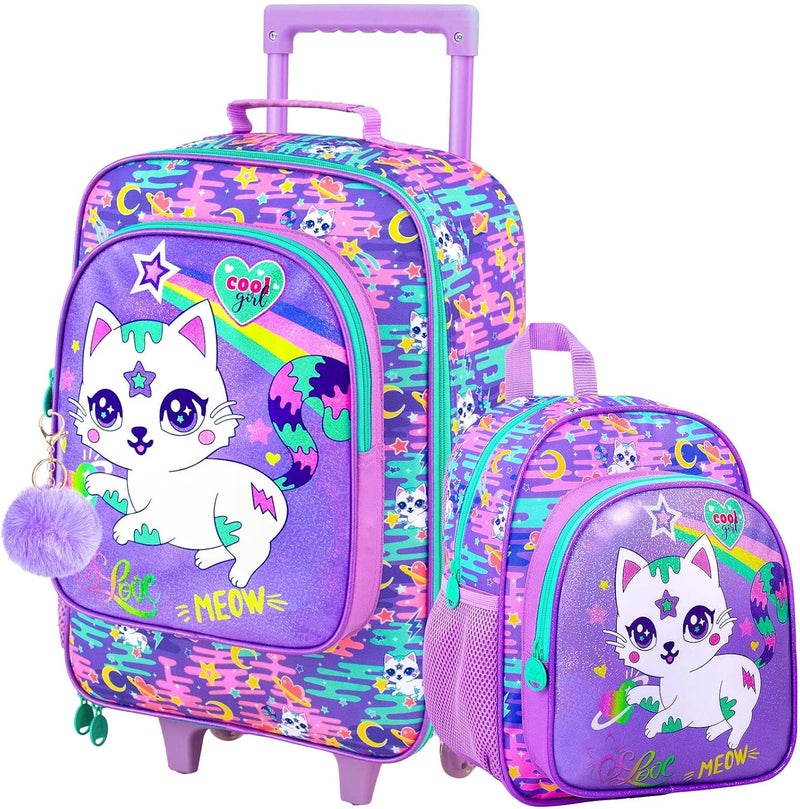 FTJCF Store 2Pcs Kids Suitcase for Girls, 18" Cat Carry on Luggage Set with Wheels, Cute Travel Rolling with 12" Toddler Backpack(Purple) - Image 1